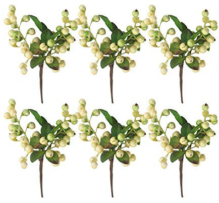 pistro Paquete de 6 tallos de bayas artificiales blancas, bayas de acebo de espuma para adornos de árbol de Navidad, corona de bricolaje, decoración del hogar de festivales, tallos flexibles para