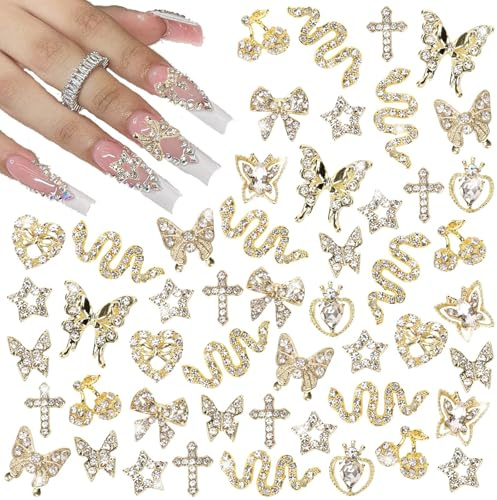Lilbitty 24 Stück Nagel-Charms, Y2k-Legierung, Nail Art, Strass-Charms, 3D-Herz, Schleife, Schmetterling, Charm mit Strasssteinen, Kirsch-Nagel-Edelsteinen, glänzender Schmuck