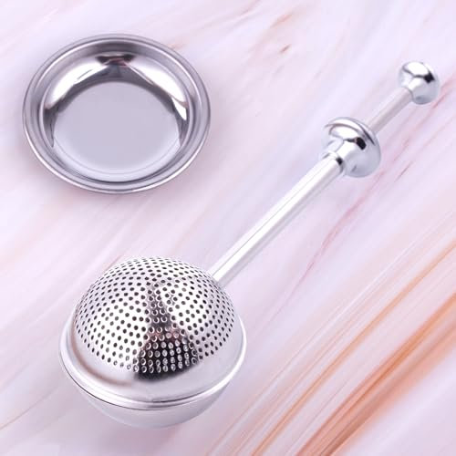 meeggrace Flour Sifter, Flour Duster for Baking, 304 Stainless Steel Powdered Sugar Spring Duster for Baking, Sifting Sugar, Flour, Spices and Tea Strainers, Small Tray Included.