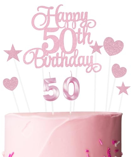 Ainiv Happy 50th Birthday Cake Toppers, Pink Number 50 Candle for Cakes | Happy 50th Birthday Decorations for Women Men, Pink Star Heart Cake Topper for Party Cupcake Desserts Pastries
