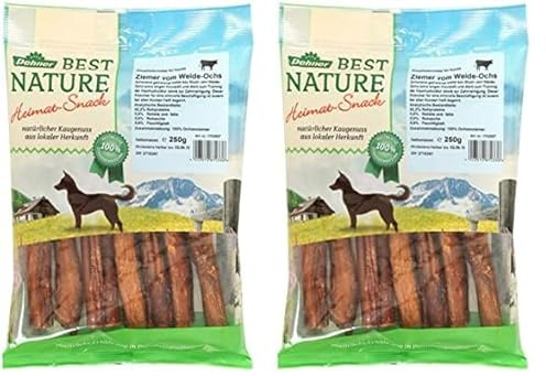 Dehner Best Nature Hundesnack, hochwertiges Leckerli getreidefrei/zuckerfrei, Kausnack für Hunde, Ochsenziemer, 250 g (Packung mit 2)
