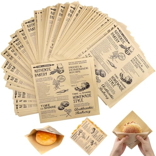 Krzaw 200 Pcs 6x6 Inch Double Opening Greaseproof Parchment Paper Bags - Unbleached, Food Grade, Oilproof & Recyclable for Sandwiches & More