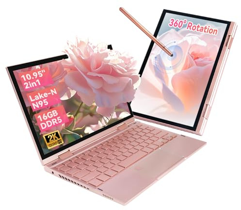 AEEVD 10.95 Touchscreen Laptop, Celeron N95, 16GB DDR5, 2000×1200 Display, 360° Convertible, Fingerprint & Backlit Keyboard, 2x Type-C, 1.1kg, (Rose Gold, 16+512G)