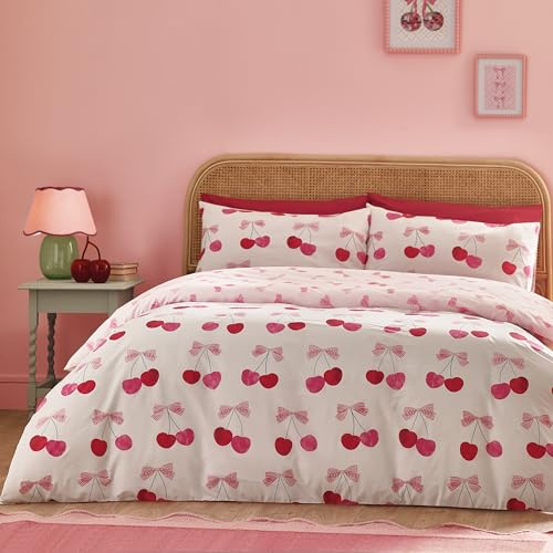 Catherine Lansfield Parure de lit Double réversible avec taies d'oreiller Motif Cerises et nœuds Rose
