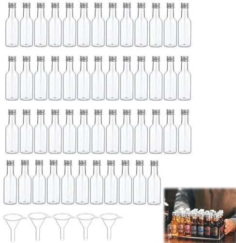 Tokaneit Mini Fläschchen,Wiederverwendbare Leere Kleine Schnapsflaschen,Kunststoff Saftflaschen mit Deckel,Kleine Likörflaschen,Weinflasche aus Kunststoff,50 Stück 100 ML Bügelflaschen und 5 Trichter