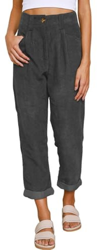 Yutdeng Pantalon Femme en Velours Côtelé Taille Élastique Décontracté Pantalons Taille Haute avec Poches Pantalons à Jambe Droite Couleur Unie Vintage Palazzo Pantalon Casual Pants,Gris Foncé,M