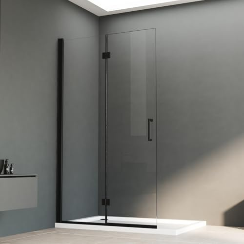 Walk in Duschwand Schwarz Walkin Dusche 96x195cm Walk in Dusche Faltbar Walk-in Duschabtrennung 6mm Nano Glas, Montage auf Duschewanne oder Fliese
