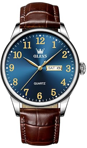 OLEVS Men Watches Big Blue Face Arabic Numerals Analog Quartz Men's Wrist Watch Brown Leather Strap Classic Gent Watch Casual Quartz Waterproof Luminous with Day Date Watches for Mens