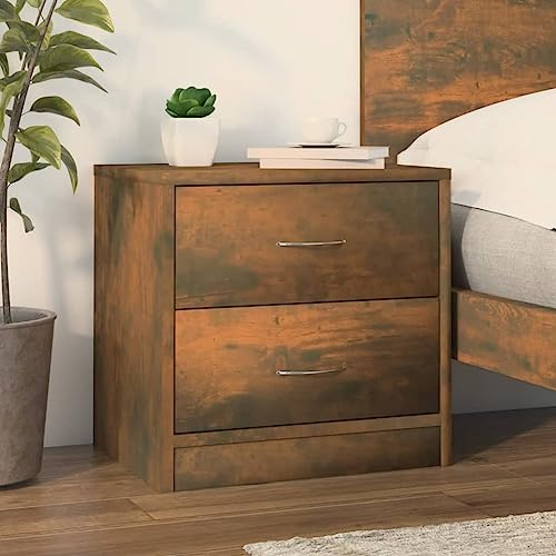 HaoChrymec Mesita de Noche, Material Madera Contrachapada, 2 Cajones y Tablero Superior, Mueble Auxiliar Multifuncional, Mesitas Auxiliares, para Dormitorio o Salón, Color Roble Ahumado, 40x30x40 cm