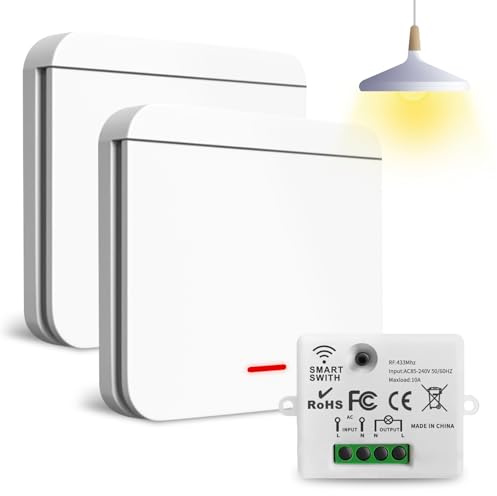 Funk Lichtschalter - 230V Funklichtschalter Set ohne Stromverlegung, mit Empfänger – Funklichtschalter für Lichtsteuerung in Badezimmer, Schlafzimmer, und Außenbereich (1 Empfänger mit 2 Schalter)