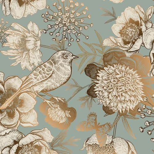 Decotalk Carta da Parati Adesiva Muro Camera da Letto Floreale Vintage 44.5X300cm Carta Adesiva Per Mobili Fantasia Verde con Uccelli D'oro e Fiori Pellicola Autoadesiva per Mobili Impermeabile