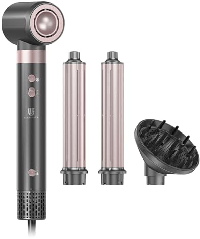 webeauty Doppia Tensione 4in1 Asciugacapelli Nuovo Aggiornamento, 110,000 GIRI/Min, 30M/S, Phon Capelli con Diffusore, Arricciacapelli Automatico, 500 Milioni di Ioni Negativi, Oro Rosa