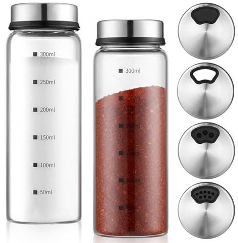 Exquilnova 2PCS Salt Shaker,300ML Salt and Pepper Shakers with Adjustable Rotating Lid,Transparent Salt and Pepper Pots,Glass Salt Cellar for Home,Cafeteria,Restaurants,BBQ,Kitchen Gadgets(300ML)