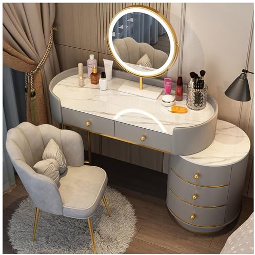 Romyqpipy Toeletta con Specchio Illuminato E Sedia In Velluto, Moderna Toeletta per Camera Da Letto con Cassetti, Tavolo Da Trucco per Camera