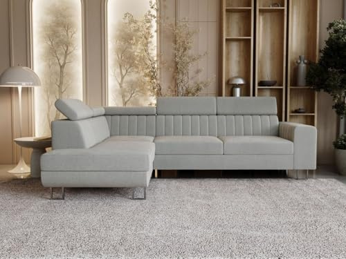 GRAINGOLD Berona Ecksofa 255x190 cm, L-Form Sofa, Schlafcouch für Wohnzimmer, Velours, 3-Sitzer Eckcouch, Modernes Design (Grau, Links)