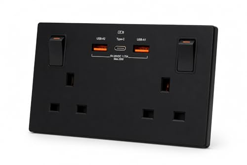 Double Switched Wall Plug Socket with USB-C & USB-A, 13A 2-Gang, PD35W Output, Matt Black (Use a 35mm-Deep Back Box) (1, Black)