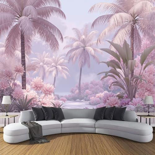 Papier Peint Panoramique Feuilles Bananier Palmier - 300x210cm - Revêtement mural décoration salon - Paysage Forêt Tropicale Rêve 3D Poster Geant pour Salon Chambre restaurant Décoration, Rose