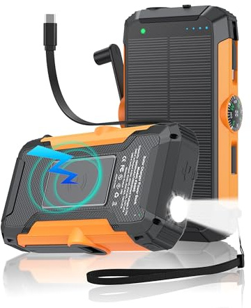 Solar Power Bank with Hand Crank and Retractable Cables, 20000mAh Wireless Portable Charger with USB-C & Camping Light, 25W Fast Charging Battery Pack for iPhone, iPad, Samsung, All Mobile Phones