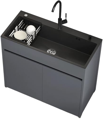 Lavandino in Acciaio Inox Professionale 1 Vasca con Rubinetto Acqua Calda e Fredda, Lavatoio da Commerciale con Armadio Contenitore, Cestello di Scarico per Cucina, Caffè, Garage