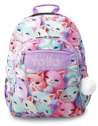 TOTTO - Mochila Escolar Adaptable a Carro, Modelo Acuareles, Capacidad 20 L, Bolsillo Pc 14, Bolsillos Botella, Espaldar Ergonómico con Flujo de Aire, Cómodas Correas en S, Estampado Mewsy 3D