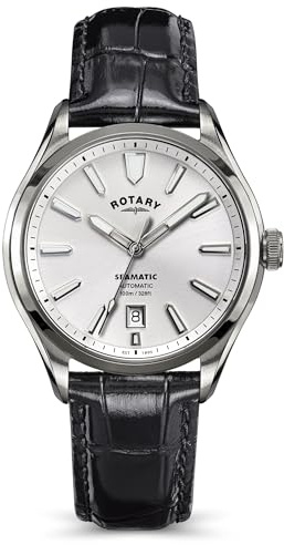 Rotary Seamatic Herren-Armbanduhr, 100 m wasserdicht, Edelstahl, schwarzes Krokodillederarmband