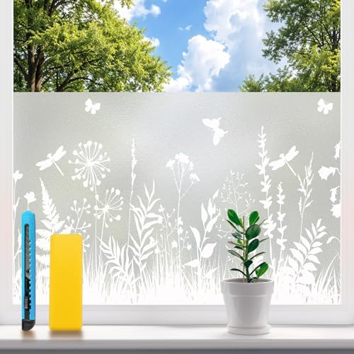 Weeoley Fensterfolie Blickdicht Milchglasfolie 75 x 400 cm Blumenmuster | Sichtschutzfolie, Selbsthaftend ohne Klebstoff, UV-Schutz, statisch haftende Dekorfolie für Bad, Schlafzimmer & Küche