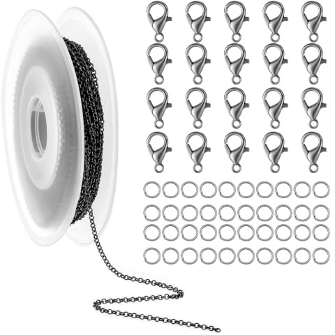 10m Schmuckkette Gliederkette Meterware Schwarz Gliederkette Schmuckherstellung Zubehör Kit Kettenband mit 20 Karabinerverschluss 40 Biegeringe Ketten Selber Machen Set für Schmuck Basteln DIY