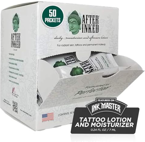 Vegan Tattoo Aftercare Lotion by After Inked. Best for new tattoos, Permanent Make Up, Micropigmentation, Microblading and Laser Removal. Sachet Sizes: 7 ml each (Box of 50)