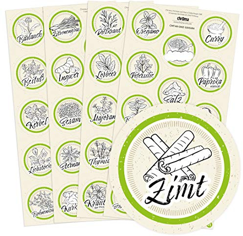 56 grüne Gewürzetiketten/Gewürzaufkleber - individuelle Abbildungen der Gewürze - für Regale, Gläser oder Dosen - beschriftet, selbstklebend, Ø 4cm Kreis rund, Farbe: GRÜN