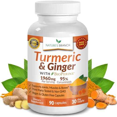 Turmeric and Ginger Supplement - Organic Turmeric & BioPerine - 95% Curcuminoids for Joint Support & Digestion | High Absorption Black Pepper Extract, Vegan, Curcumin Pills, Extra Strength 90 Capsules