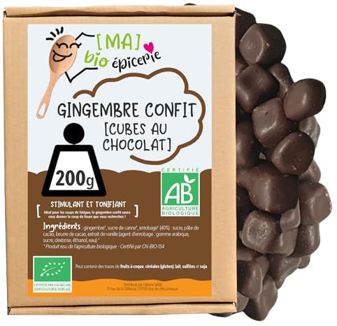 [MA] bio-épicerie - Gingembre confit BIO en cubes enrobés de chocolat noir BIO 200 g – Sachet vrac – Gourmandise saine sans conservateur – Alliance du gingembre et du chocolat