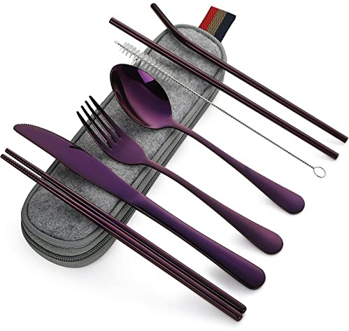 DEVICO Camping Besteck, 8-Teilig Edelstahl Outdoor Reisebesteck mit Etui | Campingbesteck 1 Person für Unterwegs/Reise/Arbeit/Schule/Reise Gadgets, Wanderbesteck umweltfreundlich, Geschenk, Purpur