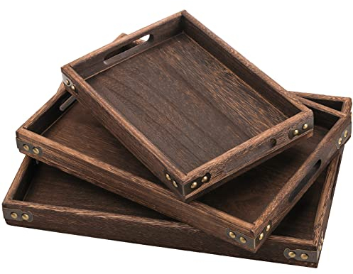 TOPZEA 3 Pack Wood Serving Tray with Handle, Wooden Platters Coffee Table Trays Decorative Breakfast Tray for Bed, Couch, Ottoman, 3 Size