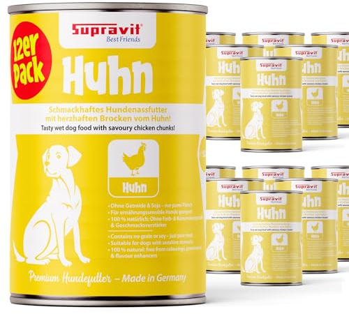 Supravit Nassfutter mit Huhn für Hunde I 12 X 410g | schmackhafte Hundefutter Dose I leichtbekömmliches Hundenassfutter I Nassfutter Hund getreidefrei, ohne Zusatzstoffe & Aromen