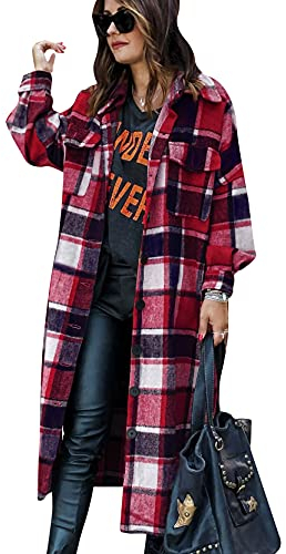 Yming Damen Casual Plaid Mantel Langes Jacke Langarm Holzfällershirt HK-Rot XL