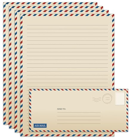 Better Office Products Vintage Airmail Stationery Paper Set, 100-Piece Set (50 Lined Sheets + 50 Matching Envelopes), Letter Size 8.5 x 11 inch, Double Sided & Lined Paper,