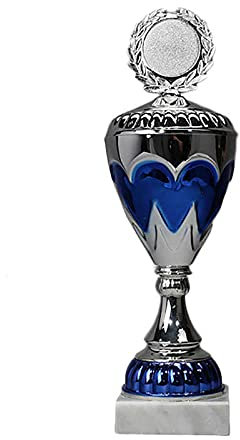 38 cm pokal med blå accenter för varje sportevenemang med individuella emblem