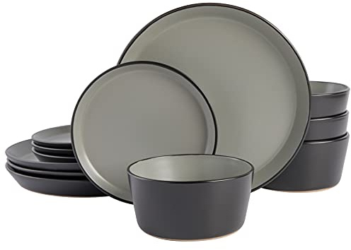 Gibson Soho Lounge Sofia Coupe 12-Piece Stoneware Dinnerware Set, Service for 4 – Grey Plates and Bowls