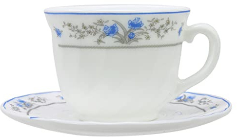 Occasions White Cup and Saucers Set of 6 200ml Opal Glass Tea Cups with Saucers Tea Set Coffee Espresso Cups Afternoon Tea Breakfast Tableware, Service for 6 (Blue Floral)