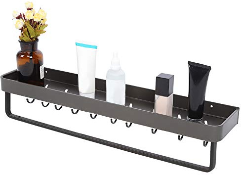 Mensola Doccia da Parete, 60cm Portasapone per Doccia da Parete Porta Shampoo con Asta di Asciugamano e 10 Gancio, Portasciugamani in Alluminio Spaziale per Bagno Cucina, 60x12,5x4cm