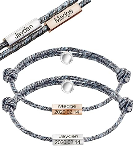 2er Set Magnetische Paar Armbänder Schnur | Partnerarmbänder mit Gravur Name Buchstabe | Armband Verbunde Paare Herz Magnet Anziehung Edelstahl Freundschaftsarmband Geschenk für Frauen Männer Gift