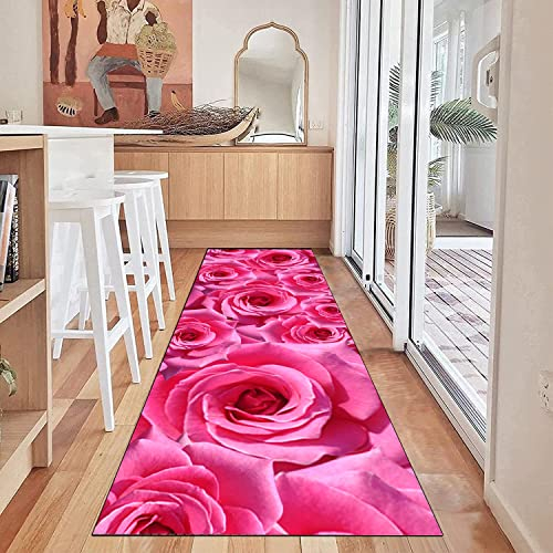 Siunwdiy Teppich Läufer,Küchenteppich Waschbar rutschfest 3D Teppich Rose Muster Pinke Flur Teppich Lang Küchenläufer Für Korridor Schlafzimmer Wohnzimmer Meterware Anpassbar,Rosa,70x200cm