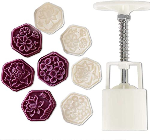 Chinese flower moon cake press mold, hand pressed mooncake dessert DIY, moon cake puff pastry 1 mold with 4 stamps for various holidays, parties (4*hexagonal flower)