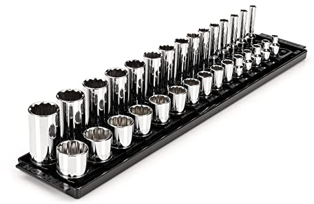 TEKTON 3/8 Zoll Antrieb 12-kant Steckschlüsselsatz mit Schienen, 30-teilig (1/4-1 Zoll) | SHD91210 | (0.6 cm-2.5 cm ), flach und tief, Steckdosenschiene