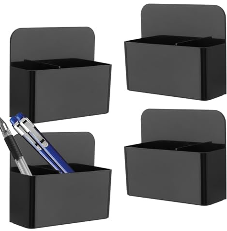 CHEUKYIU 4 stycken magnetisk pennhållare 12 x 4 x 10 cm, behållare magnetisk, magnetisk markeringshållare, magnetbehållare, för hem, skola, kontor, kylskåp, plast, svart
