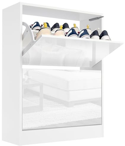 Blisswood High Gloss 2 Drawer Shoe Cabinet Cupboard, Shoe Storage Organiser Freestanding 2 Tier Wooden Shoe Rack Cabinet Modern Footwear Stand For Hallway, Living Room Furniture (White)