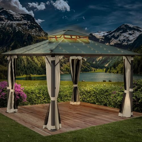 BRAST® Pavillon Aluminium Pagode 3,5x3,5m | viele Modelle & Farben | inkl. Moskitonetz + LED | festes Dach | wasserdicht | stabil | UV-Schutz | Beige