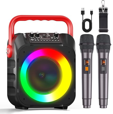Wowstar Karaoke Maschine mit 2 Kabellose Mikrofone, Tragbare Bluetooth Lautsprecher Box für Erwachsene/Kinder mit Lichteffekte, Unterstützt TF/USB, FM, Rec, AUX in, TWS für Party, Geburtstag (Rot)