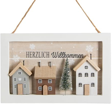 Herzlich Willkommen Türschild Weihnachten aus Holz, Holzhäuschen, Türschmuck, Weihnachtsdekoration Tür, Natur Deko Winter 23,5 cm