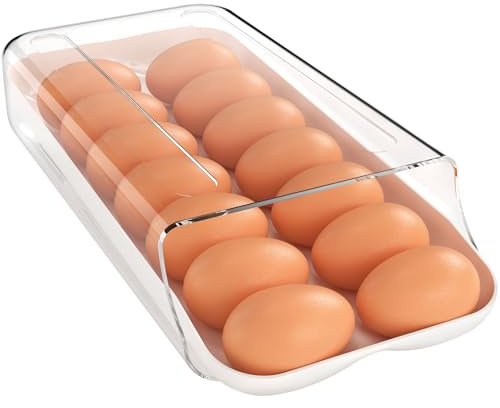 theaoo Eierhalter für Kühlschrank, automatischer Eierbehälter für Kühlschrank, transparenter Kunststoff-Eierspender, stapelbarer Eier-Organizer mit schnell herausnehmbarer Innenschale für Organizer